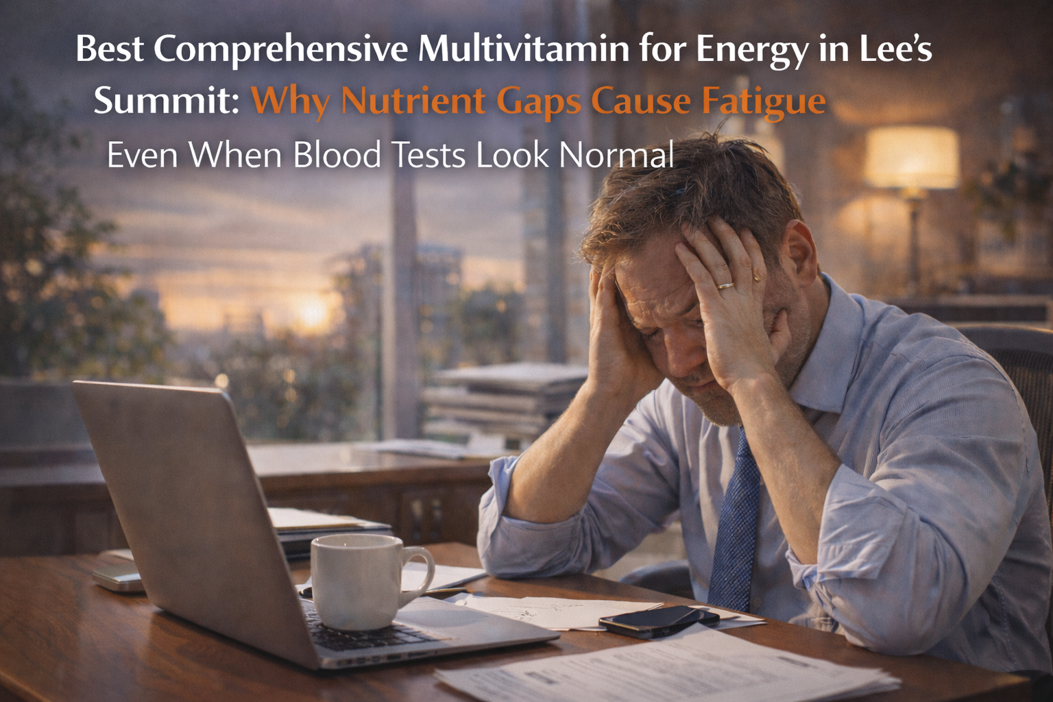Exhausted professional in Lee's Summit office feeling drained despite normal blood tests nutrient gaps fatigue