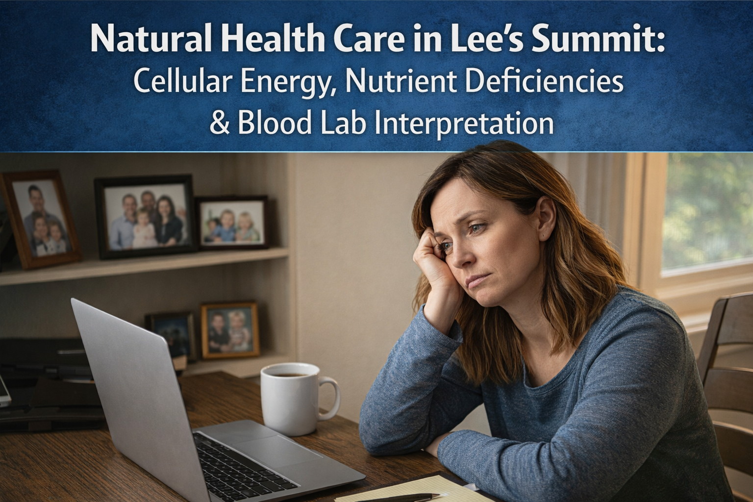Lee’s Summit resident feeling tired while working at home desk, representing fatigue despite normal blood tests