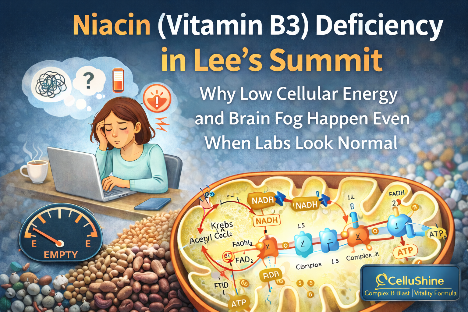 Niacin (vitamin B3) deficiency illustration showing a tired person with brain fog at a desk and a car fuel gauge pointing to E, symbolizing low cellular energy and fatigue despite normal lab results.