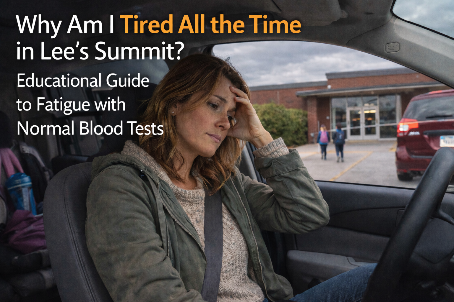 Tired parent in Lee's Summit minivan at school pickup feeling drained despite normal blood tests fatigue
