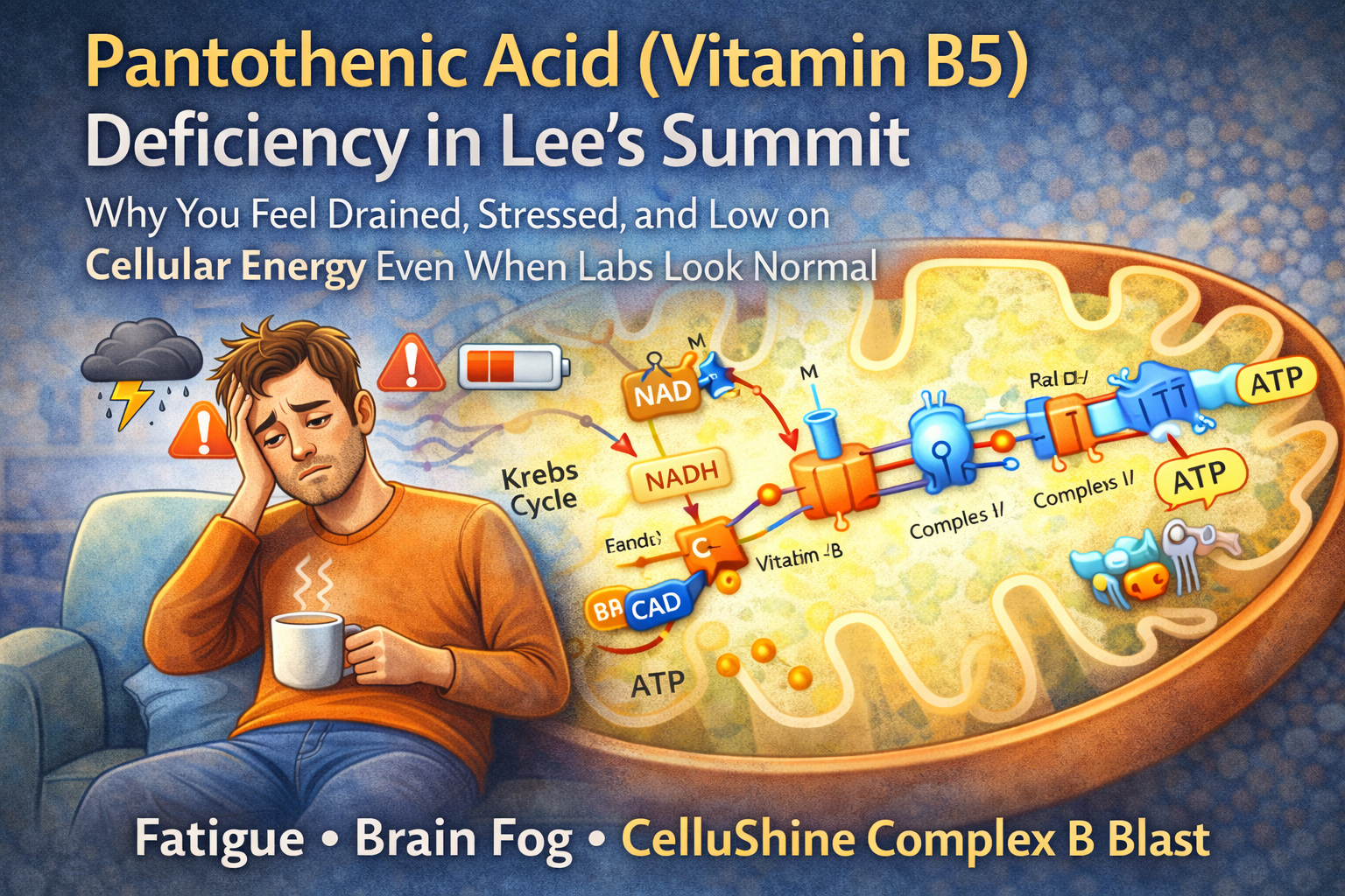 Pantothenic acid (vitamin B5) deficiency illustration showing a fatigued person with stress icons beside a mitochondrion diagram highlighting Coenzyme A and ATP production related to cellular energy.