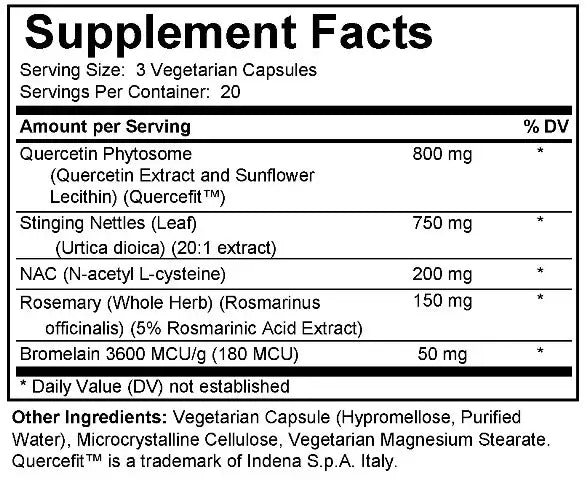 Supplement facts for CelluEase Relief showcasing ingredients and dosages for allergy support.