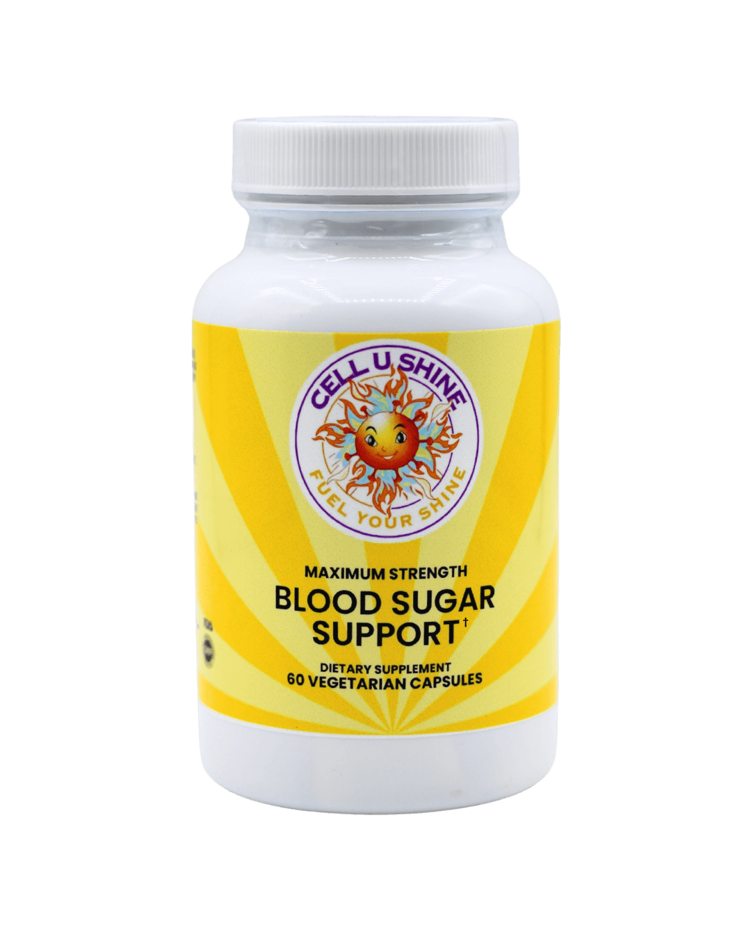 Maximum strength Blood Sugar Support dietary supplement in a bottle with 60 vegetarian capsules.
