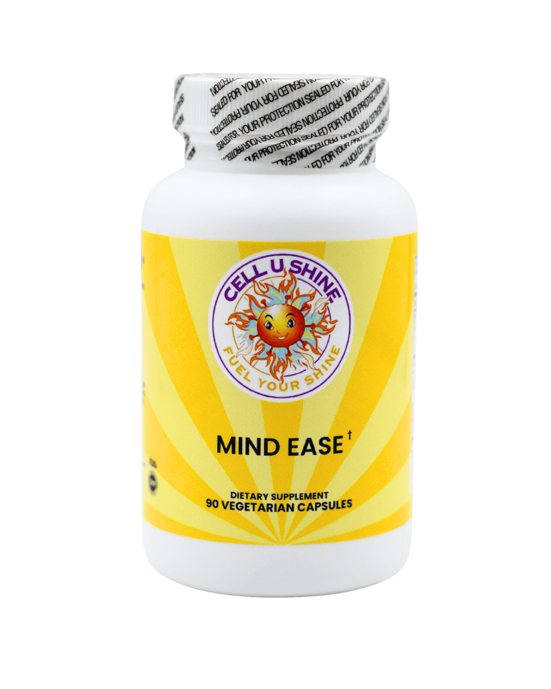 Mind Ease dietary supplement bottle with 90 vegetarian capsules for stress management and enhanced focus.