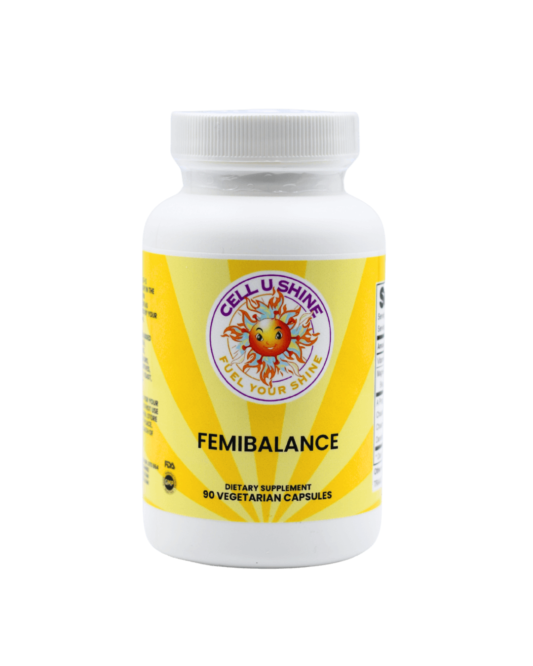 FemiBalance dietary supplement bottle with 90 vegetarian capsules for natural hormone support.