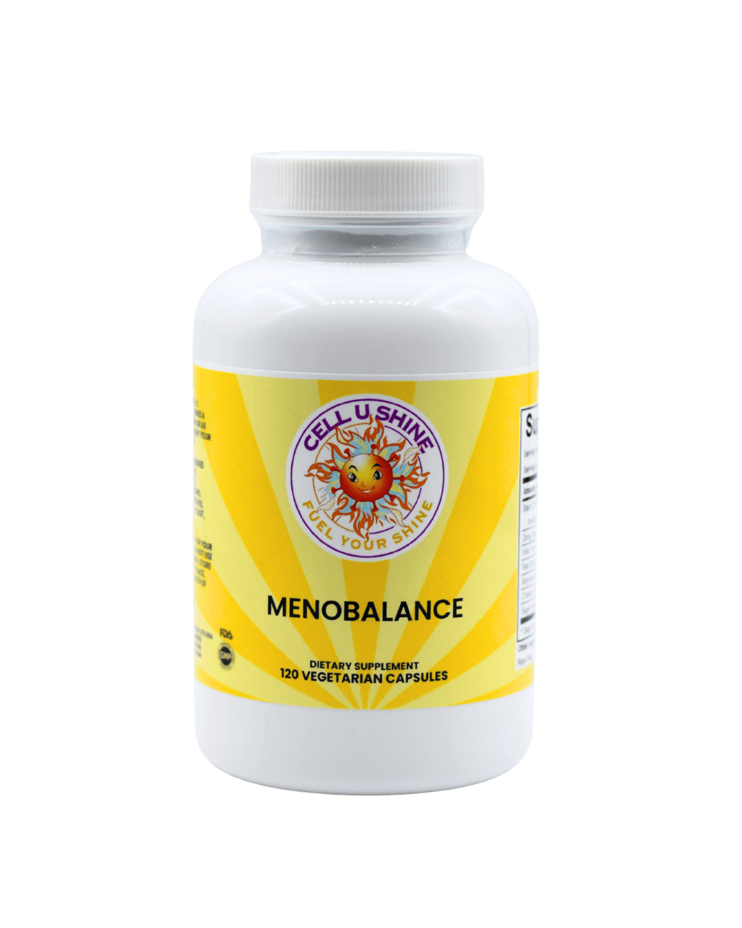 MenoBalance supplement bottle with 120 vegetarian capsules for menopause support.