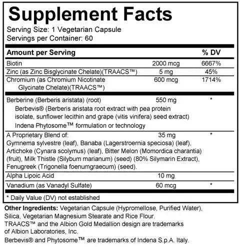 Supplement facts for Blood Sugar Support, showing ingredients and nutritional information for glucose management.
