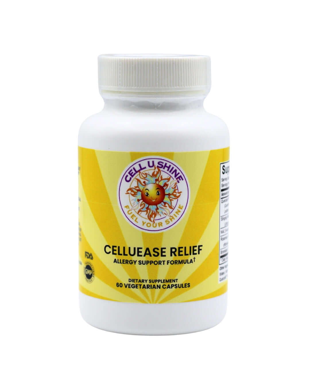 CelluEase Relief allergy support supplement in a bottle, fast-acting relief for seasonal symptoms.