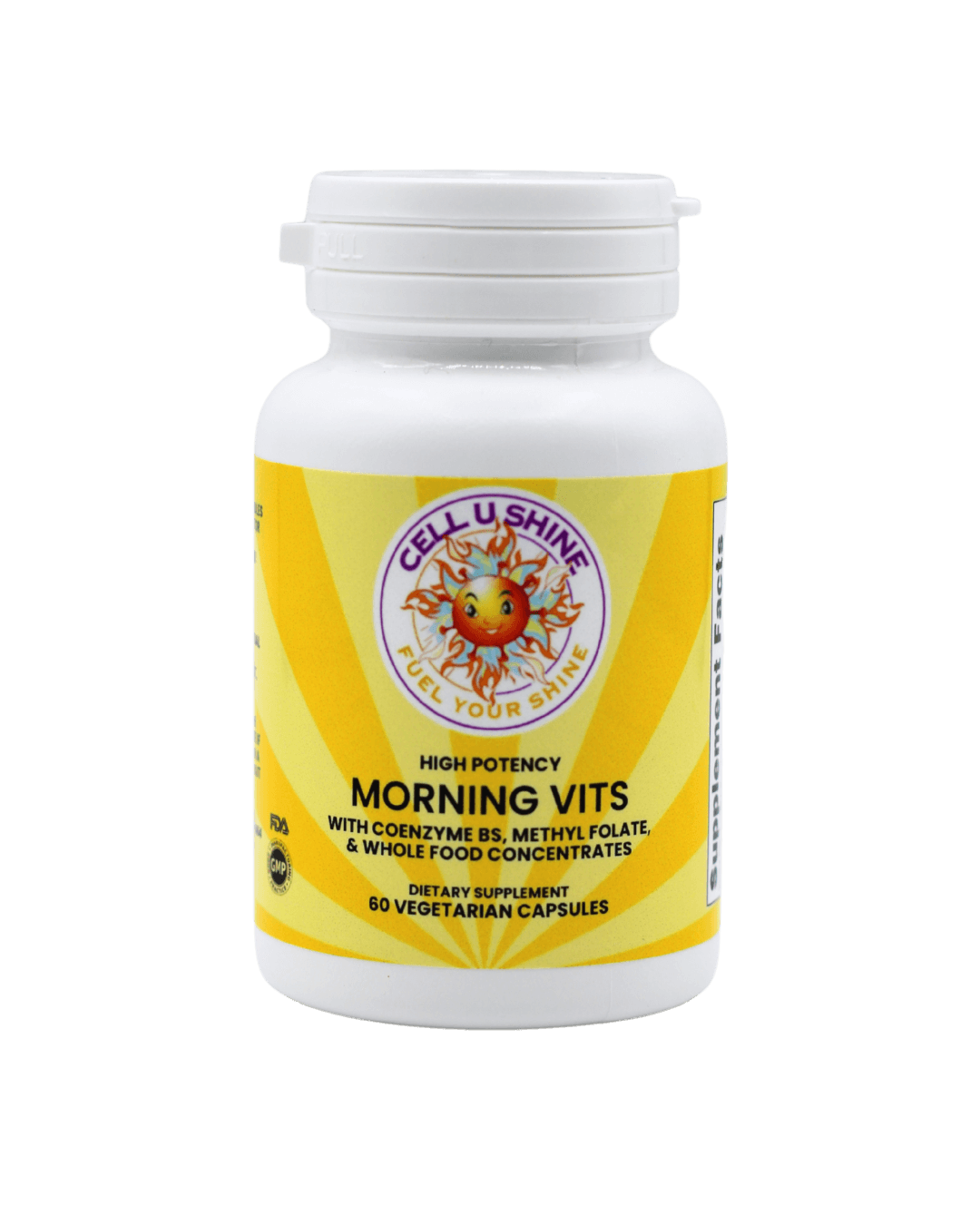 Morning Vits multivitamin bottle featuring high potency formula with coenzyme B's and whole food concentrates.