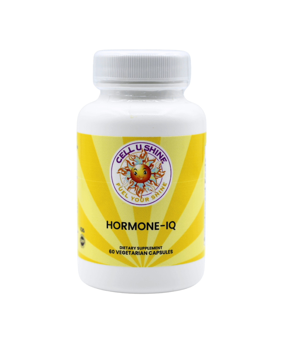 Hormone IQ dietary supplement bottle with yellow label for hormonal support and balanced emotions.