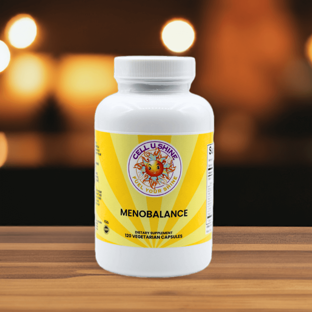 MenoBalance supplement bottle with 120 vegetarian capsules for menopause support and balance.