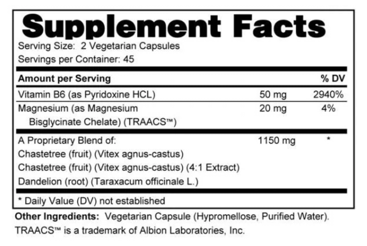 Supplement facts for FemiBalance showing key ingredients like Vitamin B6, Magnesium, and herbal blends.