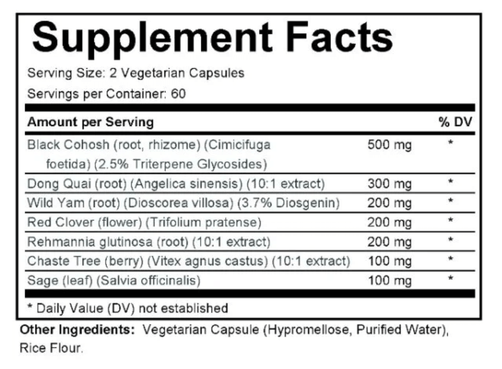 Supplement facts for MenoBalance showcasing natural ingredients for menopause support.