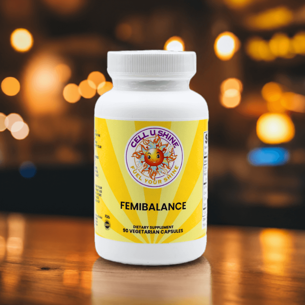 FemiBalance dietary supplement bottle for natural hormone support, featuring 90 vegetarian capsules.