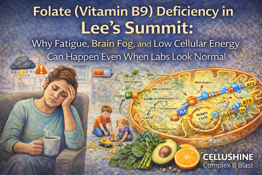 Exhausted mother sitting in a chair at home with children playing on the floor nearby, illustrating fatigue and brain fog related to folate (vitamin B9) deficiency and low cellular energy.