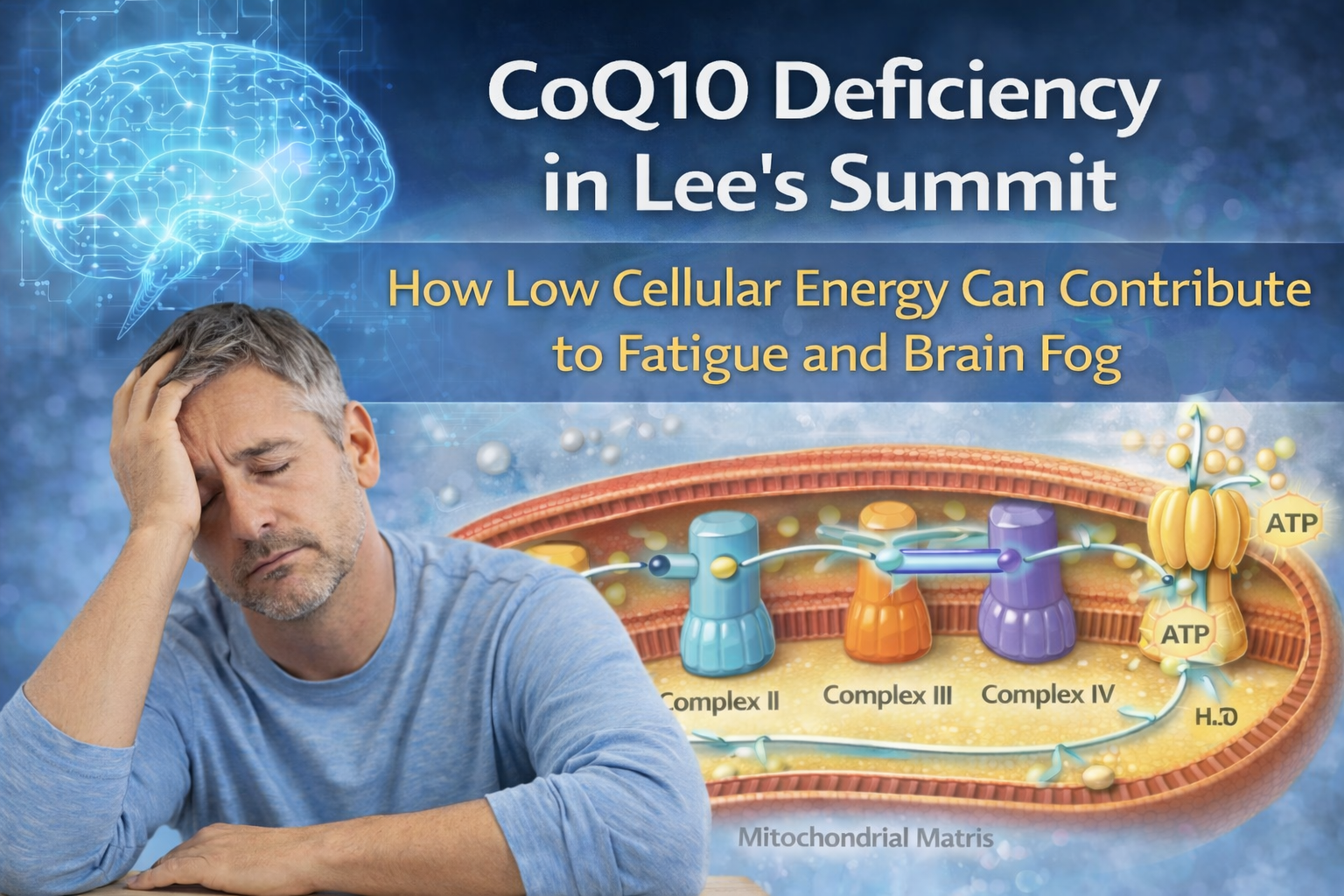 CoQ10 deficiency in Lee's Summit explaining how low cellular energy and mitochondrial dysfunction contribute to fatigue and brain fog