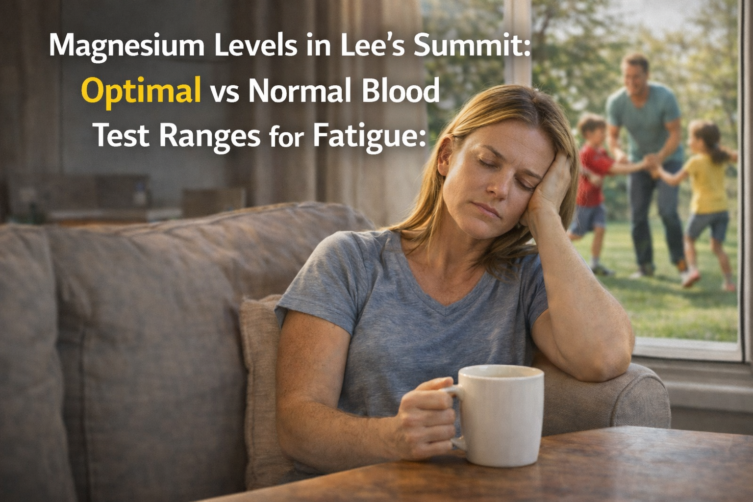 Woman fatigued with energetic family outside.Magnesium Levels in Lee’s Summit: Optimal vs Normal Blood Test Ranges for Fatigue 