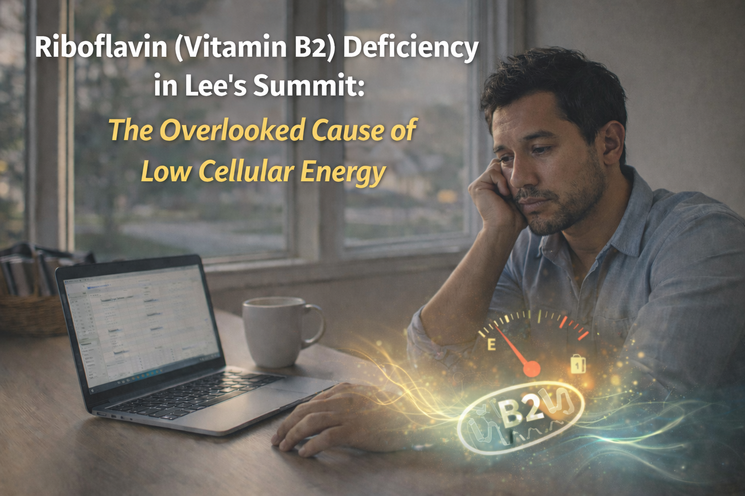 Man in a Lee’s Summit home office looking exhausted at his laptop with a low car fuel gauge and glowing B2 mitochondrion graphic illustrating riboflavin deficiency and low cellular energy.