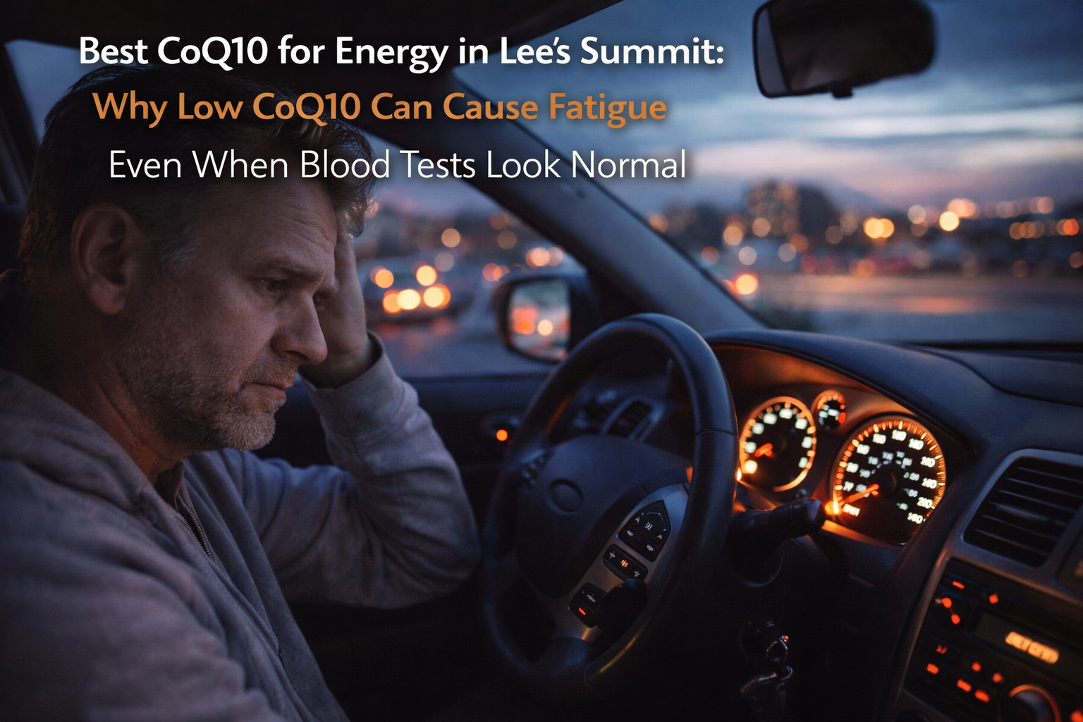Tired commuter in Lee's Summit car feeling drained despite normal blood tests low CoQ10 fatigue