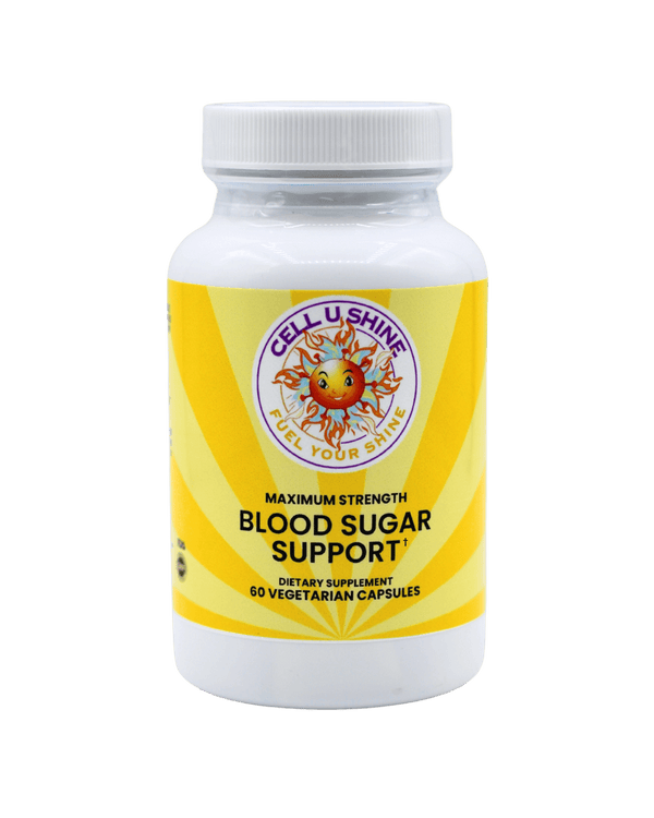 Maximum strength Blood Sugar Support dietary supplement in a bottle with 60 vegetarian capsules.