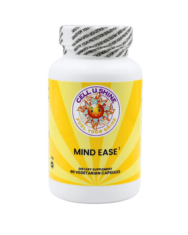 Mind Ease dietary supplement bottle with 90 vegetarian capsules for stress management and enhanced focus.