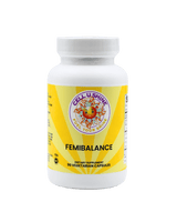 FemiBalance dietary supplement bottle with 90 vegetarian capsules for natural hormone support.