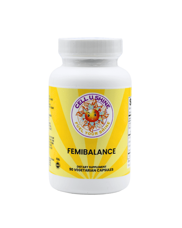 FemiBalance dietary supplement bottle with 90 vegetarian capsules for natural hormone support.