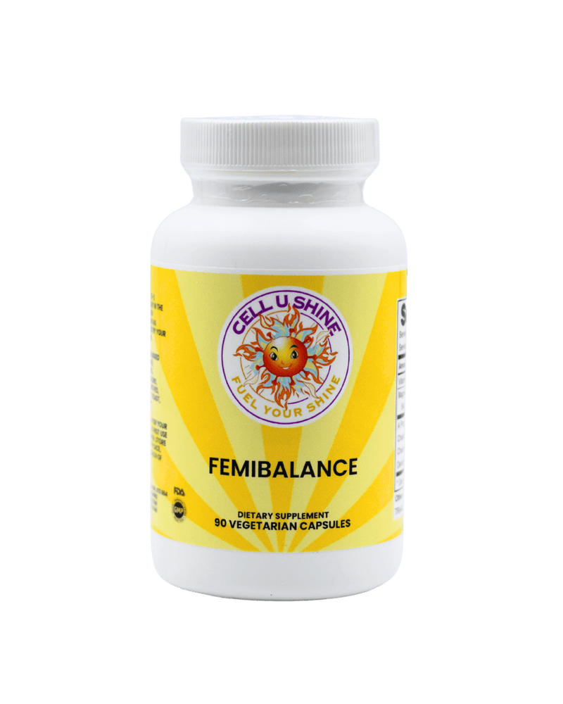 FemiBalance dietary supplement bottle with 90 vegetarian capsules for natural hormone support.