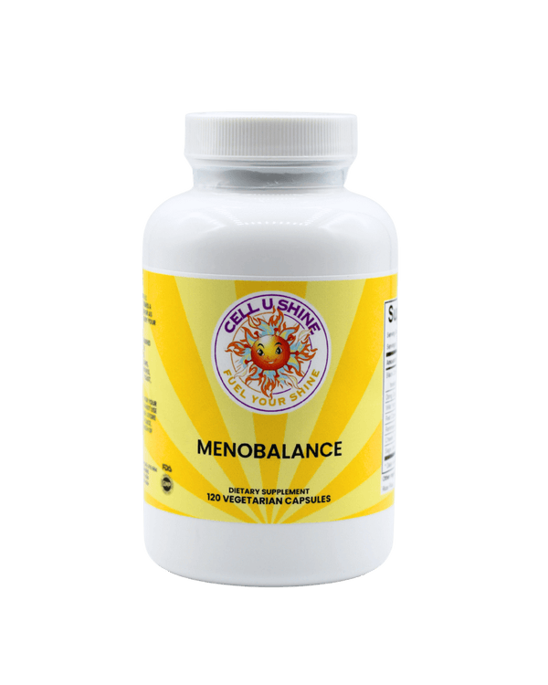 MenoBalance supplement bottle with 120 vegetarian capsules for menopause support.