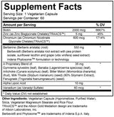 Supplement facts for Blood Sugar Support, showing ingredients and nutritional information for glucose management.