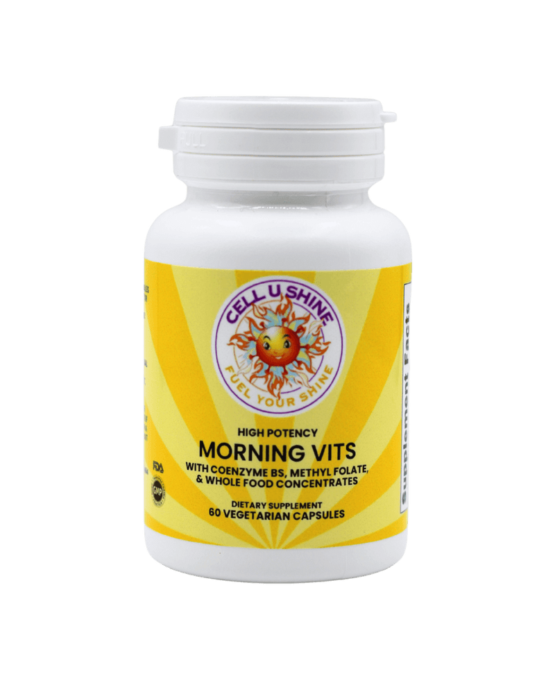 Morning Vits multivitamin bottle featuring high potency formula with coenzyme B's and whole food concentrates.