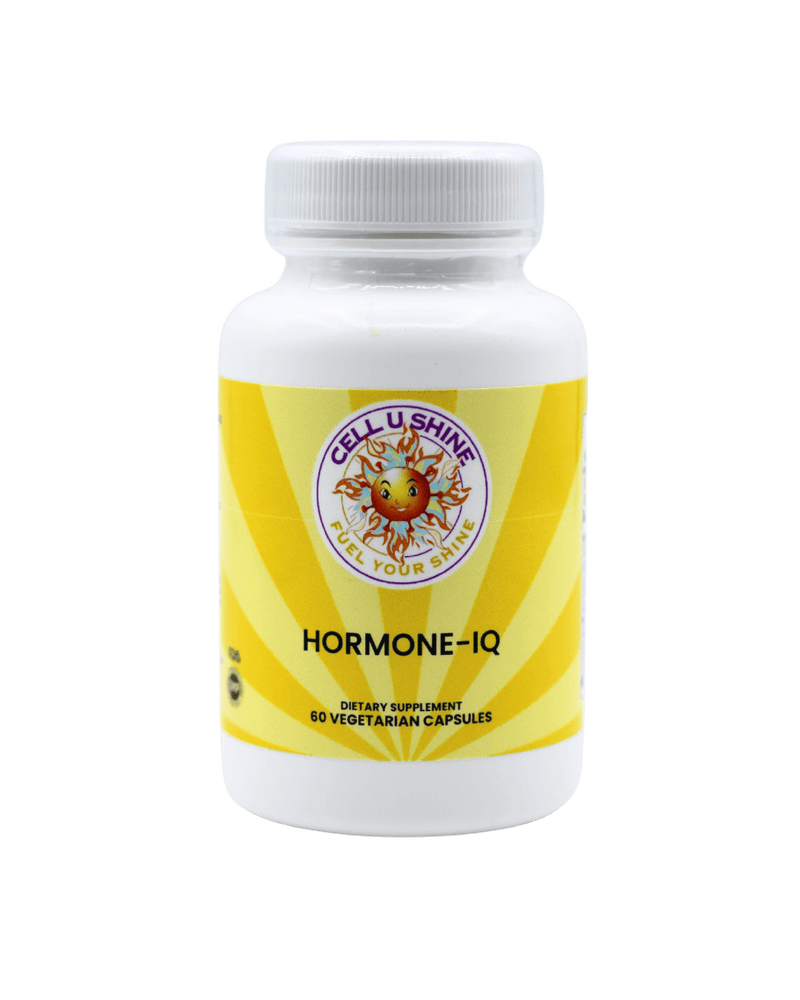 Hormone IQ dietary supplement bottle with yellow label for hormonal support and balanced emotions.