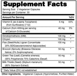 Supplement facts for Hormone IQ with vitamins, minerals, and herbal extracts for hormonal balance.