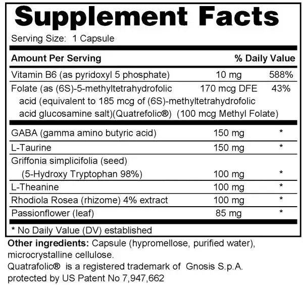 Supplement facts for Mind Ease showing vitamins, amino acids, and botanicals for stress management and focus.